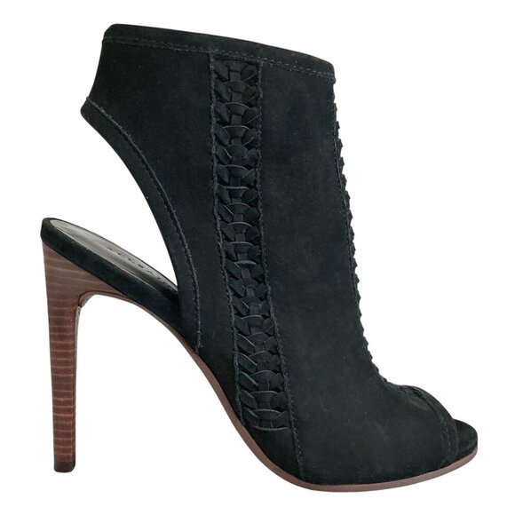 ALL SAINTS Vibrant Open Toe High Heeled Suede Ankle Booties Heels Black - Picture 1 of 10